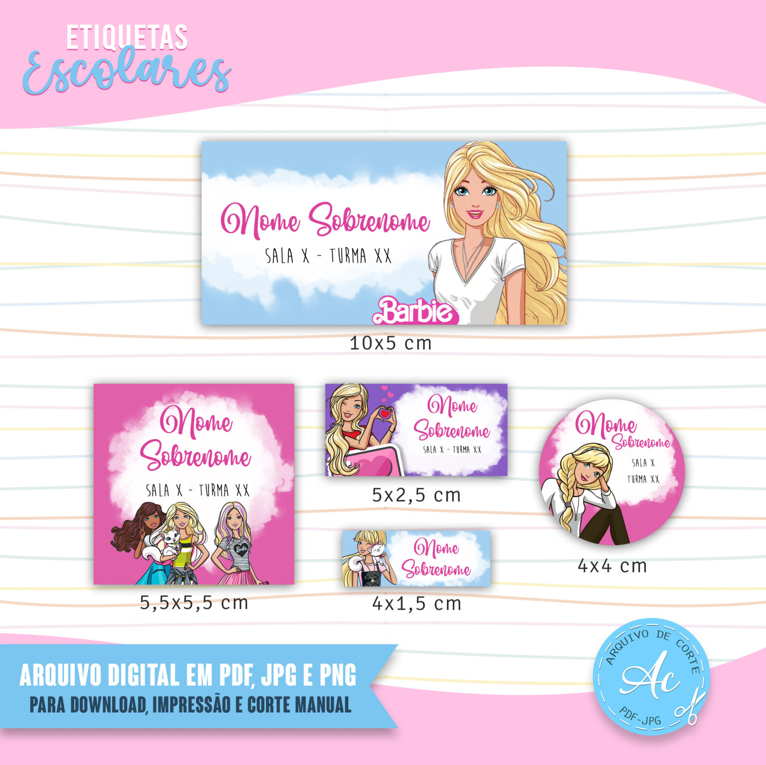 Arquivo Etiquetas escolares Barbie #1 - Arquivo de corte
