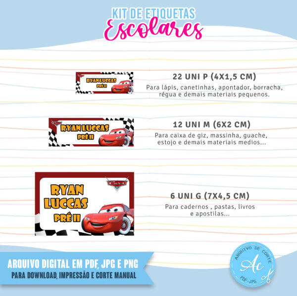 Arquivo Etiquetas escolares Carros Disney #1