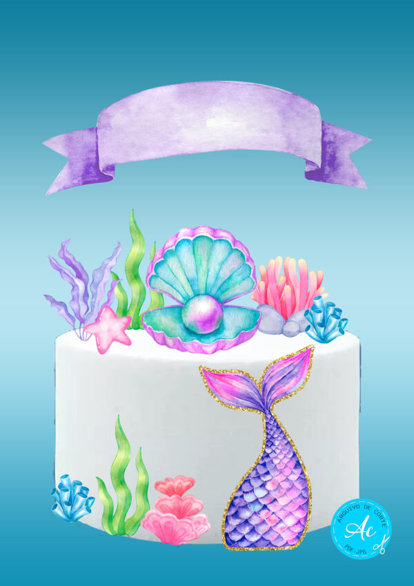 Arquivo topo de bolo Cauda de sereia Aquarela #1